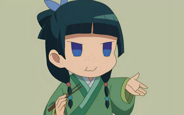 Chibi-style Maomao from The Apothecary Diaries in a green outfit gesturing with a confident expression, featured in an HD anime desktop wallpaper.