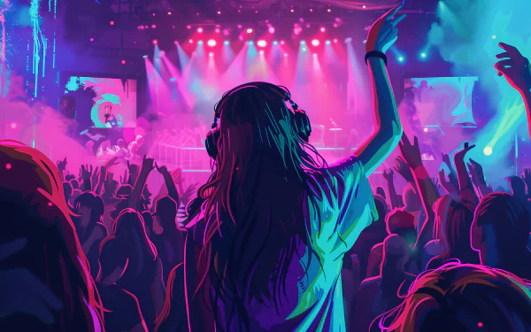 Colorful HD desktop wallpaper featuring an animated crowd enjoying a rave with vibrant lights and electronic music ambiance.