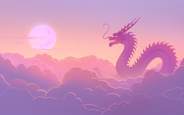Minimalist dragon silhouette against a purple sunset, HD desktop wallpaper and background.