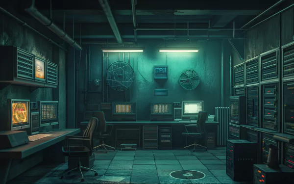HD desktop wallpaper featuring a stylized computer server room with retro-futuristic tech ambiance.