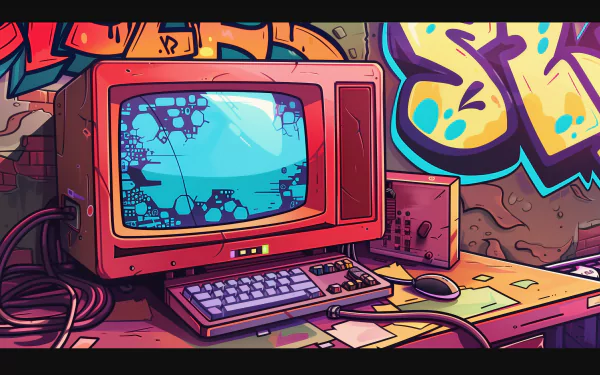 HD desktop wallpaper featuring a vibrant illustration of a retro computer setup with colorful graffiti in the background.