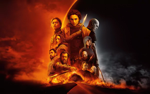 Stunning HD wallpaper featuring characters from Dune: Part Two, showcasing a dramatic contrast between light and dark against a fiery background.