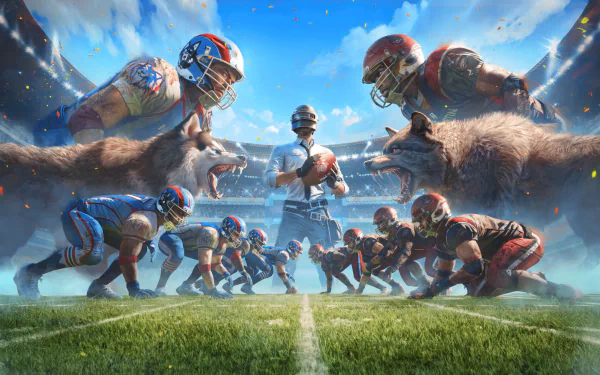 HD wallpaper of a creative crossover featuring American football players and Playerunknown's Battlegrounds characters in an imaginative football match.