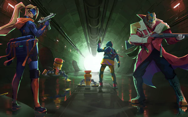 HD desktop wallpaper featuring characters from the video game Riftstorm poised for action in a dynamic, sci-fi corridor setting.