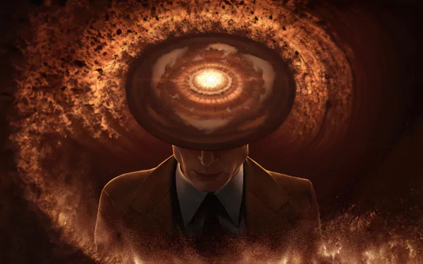 Oppenheimer movie-inspired HD desktop wallpaper featuring a stylized figure with a mushroom cloud explosion as a backdrop.
