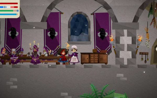 HD desktop wallpaper featuring a scene from 'Passing By - A Tailwind Journey' video game with characters in a medieval-style room.