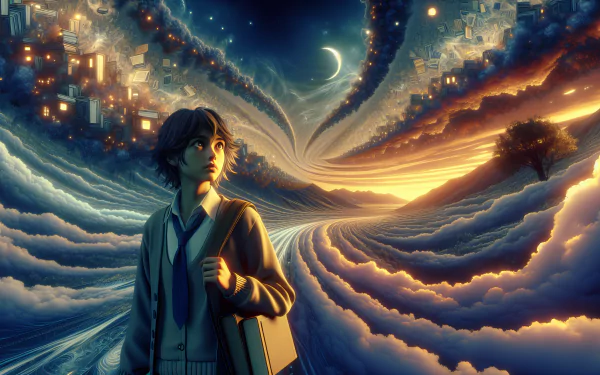 Animated student looking at a surreal sunset landscape HD wallpaper.