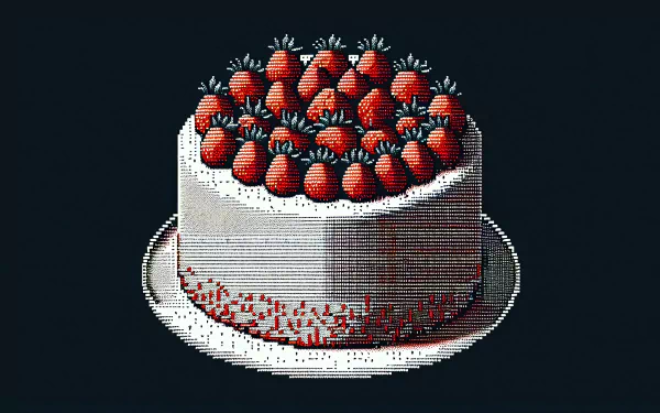A vibrant strawberry cake adorned with fresh strawberries sits on a plate, set against a dark background, making for a striking HD desktop wallpaper.