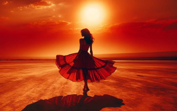 Woman in a sundress twirling at sunset, casting a silhouette against a vibrant sky—HD wallpaper.