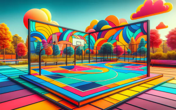Colorful HD basketball court wallpaper with vibrant abstract design for desktop background.