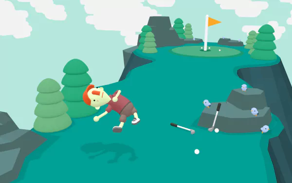 HD desktop wallpaper featuring a whimsical scene from the video game 'What the Golf?' with a cartoon golfer and playful obstacles.
