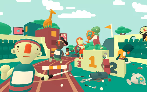 A vibrant scene from the video game What the Golf?, featuring whimsical characters and playful landscapes, serves as a dynamic 4K Ultra HD PC desktop wallpaper.