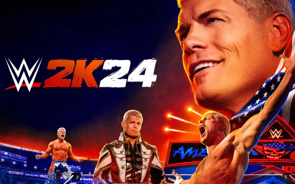HD WWE 2K24 video game wallpaper featuring iconic wrestling characters on a dynamic background.