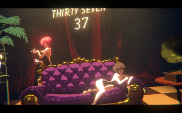 HD pixel art desktop wallpaper from the video game ANNO: Mutationem featuring two characters on a purple couch under glowing THIRTY SEVEN text in a dimly lit room.