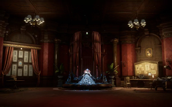 HD PC desktop wallpaper of Sofia from Lies Of P — a gothic red parlor with chandeliers and Sofia seated atop a glowing fountain centerpiece.