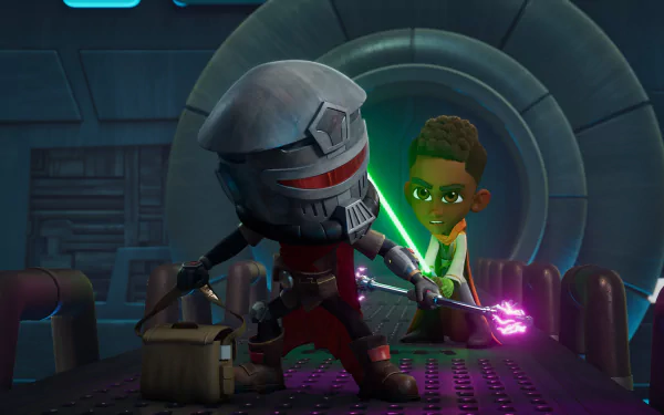 A captivating HD wallpaper from Star Wars: Young Jedi Adventures, featuring a character in a helmet wielding a weapon while another character stands ready with a lightsaber.