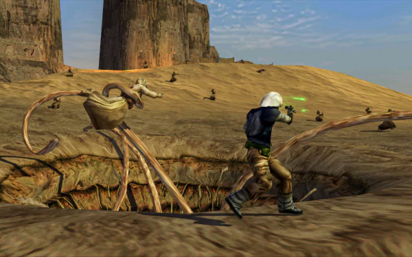 HD wallpaper from Star Wars: Battlefront Classic Collection featuring a game character fighting on a desert-like terrain.