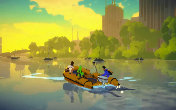 HD wallpaper featuring a scene from the video game Highwater with characters navigating a flooded cityscape in a yellow boat, set against a vibrant sunset.