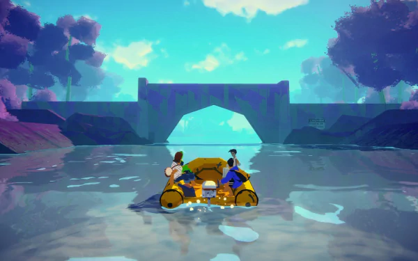 Highwater video game HD desktop wallpaper featuring two characters rafting through a serene waterway with stylized purple foliage and a large stone arch in the background.