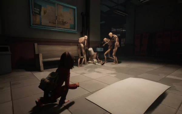 A dark and atmospheric HD desktop wallpaper from the video game Gylt, featuring a crouched character observing eerie figures in an abandoned environment.