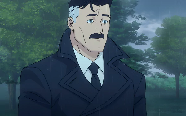 HD wallpaper of the character Omni-Man from the TV show Invincible, showcasing him in a somber mood against a backdrop of misty trees.