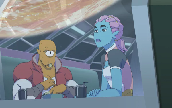 HD wallpaper of two animated characters from the TV show Invincible, sitting and conversing with a space backdrop.