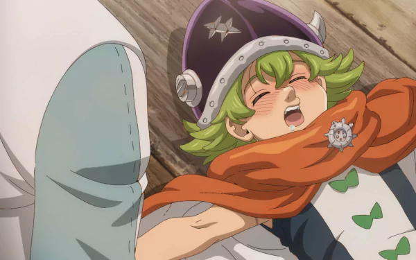 HD anime wallpaper featuring a character from The Seven Deadly Sins: Four Knights of the Apocalypse laughing with eyes closed.