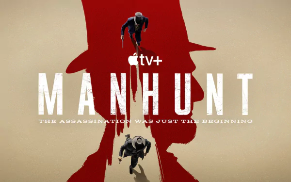 HD desktop wallpaper for the TV show Manhunt with a silhouette figure abseiling down a red backdrop featuring the show's title and the tagline The assassination was just the beginning from Apple TV+.