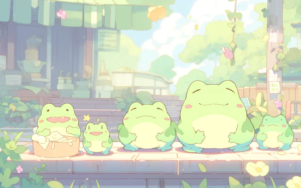 A kawaii pastel-colored AI art wallpaper featuring five adorable froggy characters sitting in a row with a soft, dreamy background in HD quality.