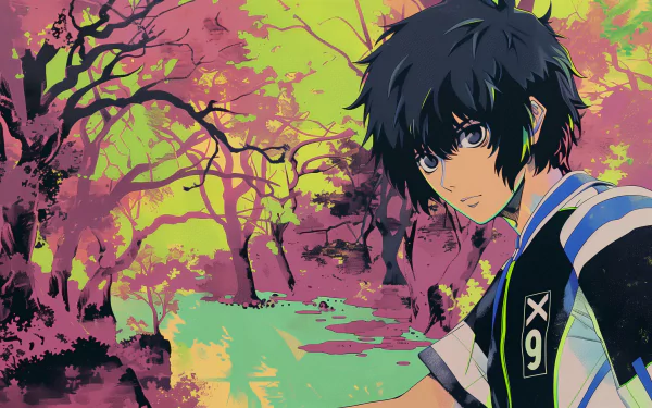 HD wallpaper of Isagi Yoichi from Blue Lock anime with a colorful autumn background for desktop.