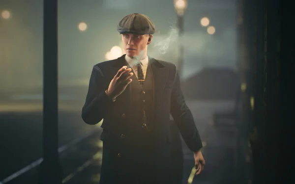 HD wallpaper of a character inspired by Thomas Shelby from Peaky Blinders: The King's Ransom video game, standing in a misty street and smoking.