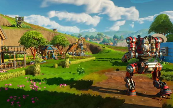 HD wallpaper from the video game Lightyear Frontier, featuring a robotic mech in a vibrant farming landscape.