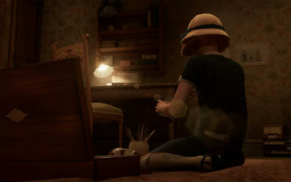 HD wallpaper featuring a mysterious scene from the video game Alone in the Dark (2024) with a character examining items in a dimly lit vintage room.