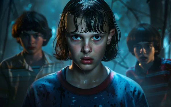 HD desktop wallpaper of Stranger Things fan art featuring three key characters in a dark, moody forest.