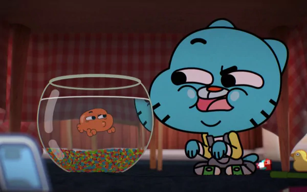 HD desktop wallpaper featuring Gumball Watterson from The Amazing World of Gumball looking at a fishbowl in a cartoon-style room setting.