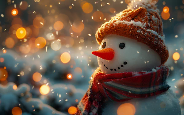 HD wallpaper of a cheerful snowman wearing a hat and scarf amidst sparkling snowflakes.