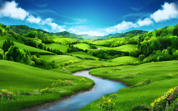 Vibrant 4K Ultra HD landscape wallpaper featuring a winding river flowing through lush green hills under a bright blue sky, highlighting scenic natural beauty.