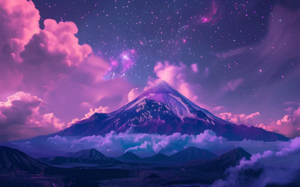 A stunning HD wallpaper featuring a majestic volcano surrounded by colorful clouds and a starry night sky, creating a captivating and serene landscape.