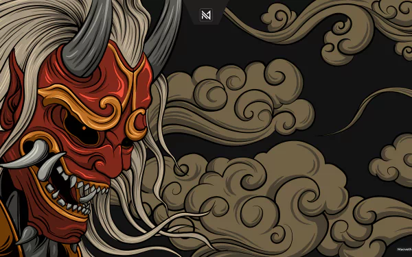 HD PC desktop wallpaper featuring a fierce red Japanese yokai mask with long white hair and horns, surrounded by stylized swirling clouds, inspired by samurai and yokai themes.
