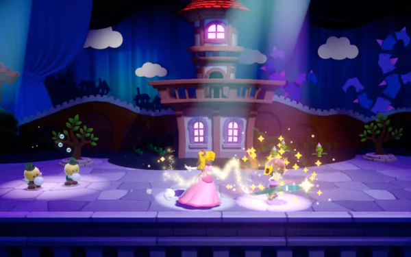 HD desktop wallpaper featuring Princess Peach in 'Princess Peach: Showtime!' video game with a magical, sparkling performance on stage.