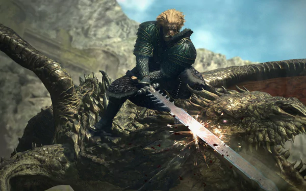 A warrior battles a massive dragon with a sword in this HD wallpaper for Dragon's Dogma 2, capturing the intense action and epic fantasy of the game.