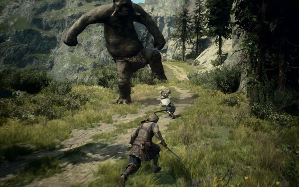 HD desktop wallpaper featuring a Dragon's Dogma 2 gameplay scene with a warrior facing a giant ogre in a lush, forested environment.