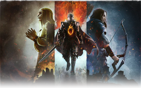 A stunning HD desktop wallpaper from Dragon's Dogma 2, featuring a powerful knight in the center, flanked by a praying figure and a skilled archer, highlighting the game's epic fantasy elements.