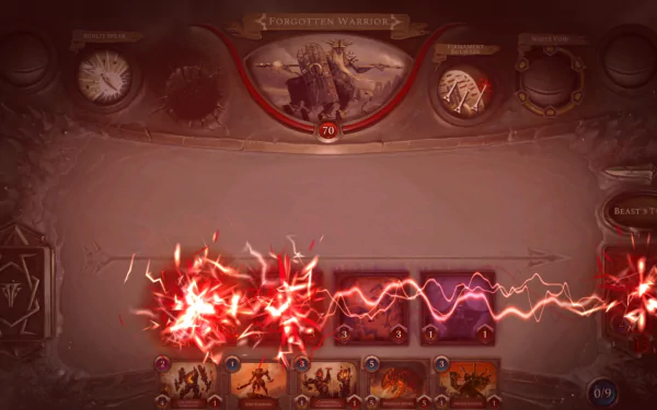 A high-definition desktop wallpaper featuring the Acolyte of the Altar from a video game, showcasing vibrant lightning effects and a dynamic card layout.