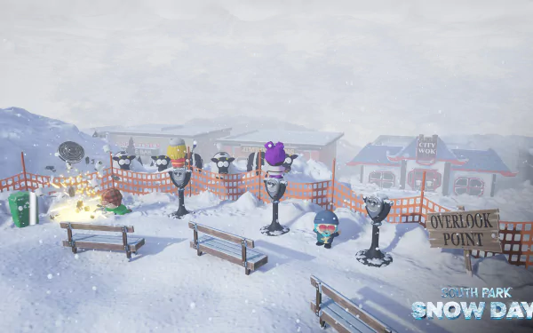 HD wallpaper featuring a snowy scene from the video game South Park: Snow Day!, showcasing characters and a wintry landscape in the town setting.