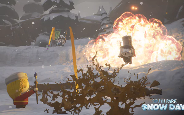 HD wallpaper from South Park: Snow Day video game featuring characters in a snowy landscape with an explosion.