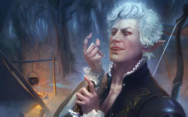 HD desktop wallpaper featuring a character from Baldur's Gate 3 video game set against a moody, mystical background ambiance.