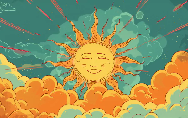 HD desktop wallpaper featuring an artistic illustration of a smiling sun with radiant beams, set against a sky filled with golden clouds, tagged with sunshine.