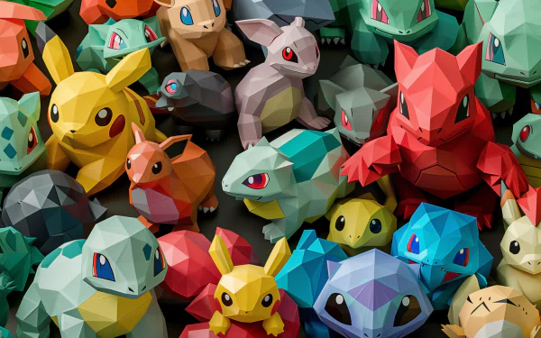 A vibrant HD desktop wallpaper featuring a collection of polygon-style Pokémon, including Pikachu, Bulbasaur, and Squirtle, creating a colorful and dynamic scene.