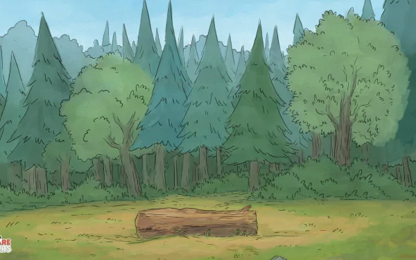 A serene HD desktop wallpaper featuring a forest scene from the TV show We Bare Bears, showcasing lush green trees and a peaceful clearing with a log.